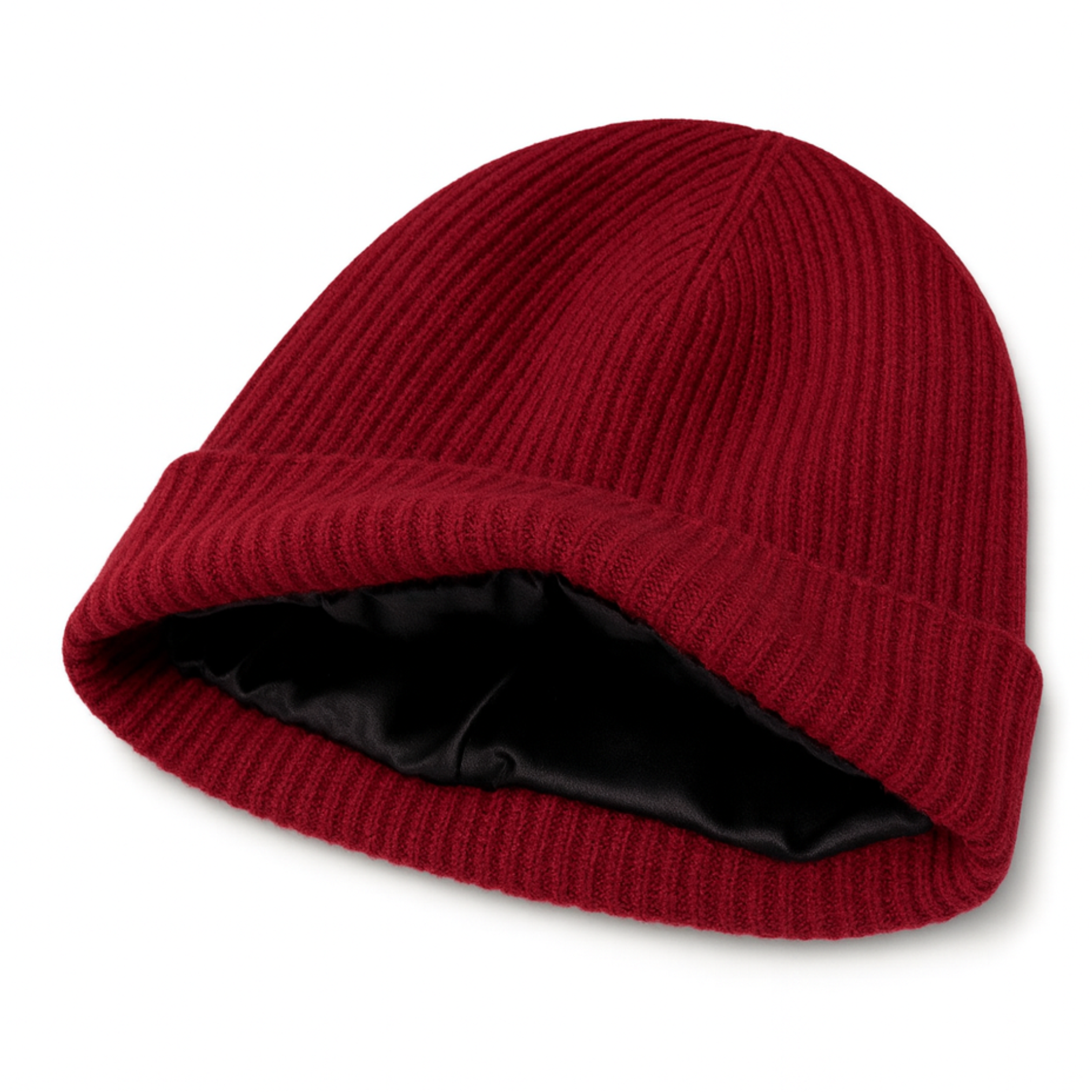 100% Kaszmirowa Czapka z Jedwabną Podszewką - Bordowa