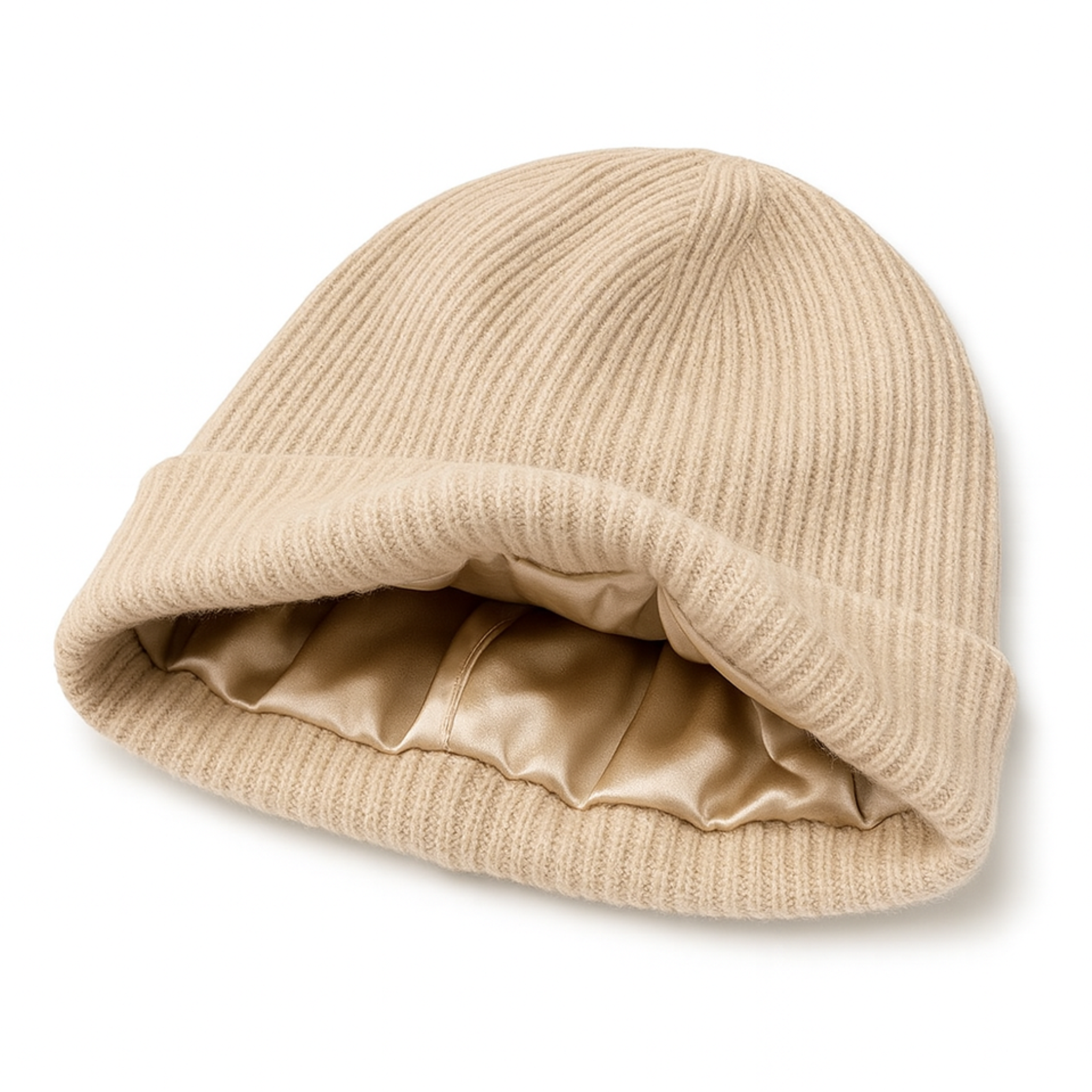 100% Kaszmirowa Czapka z Jedwabną Podszewką - Beżowa